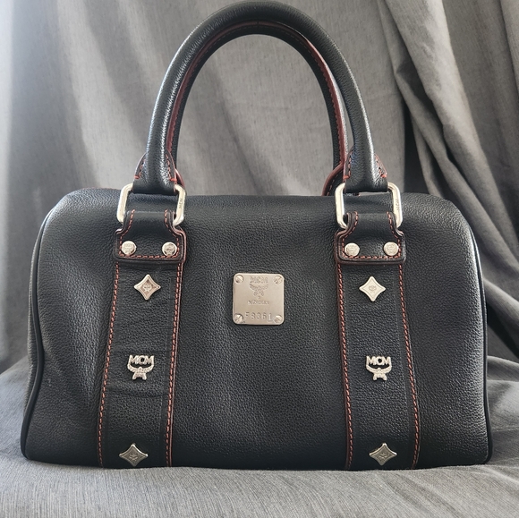 MCM Handbags - MCM Black Pebbled Leather Studded Boston Bag